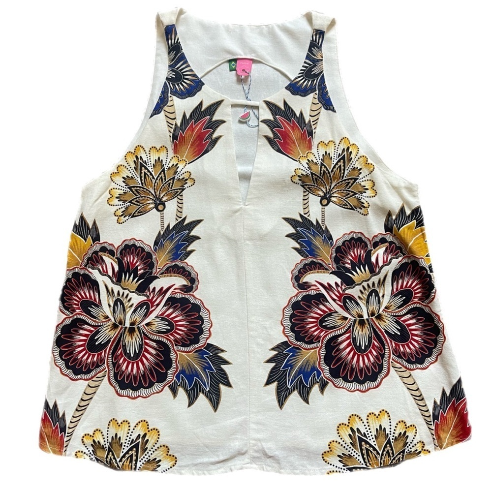 New FARM Rio Bel Floral Print Linen Blend Tank Top Size XS